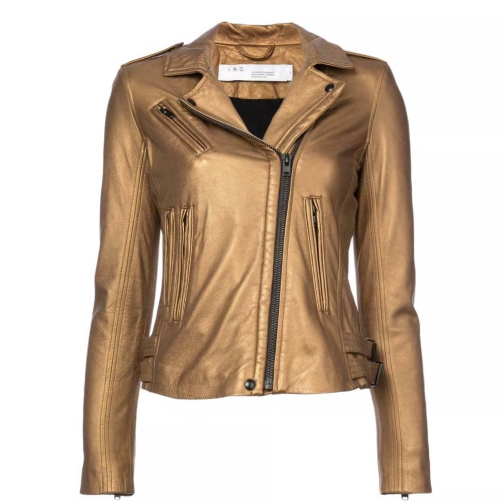 IRO Gold Metallic Lamb Leather Biker Jacket - NEW  / Size 38 (M)